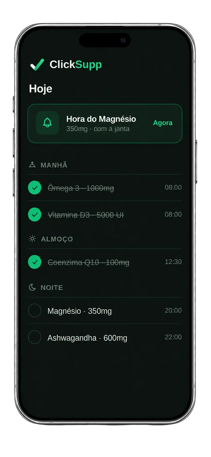 Lembretes de horário configurados no app ClickSupp