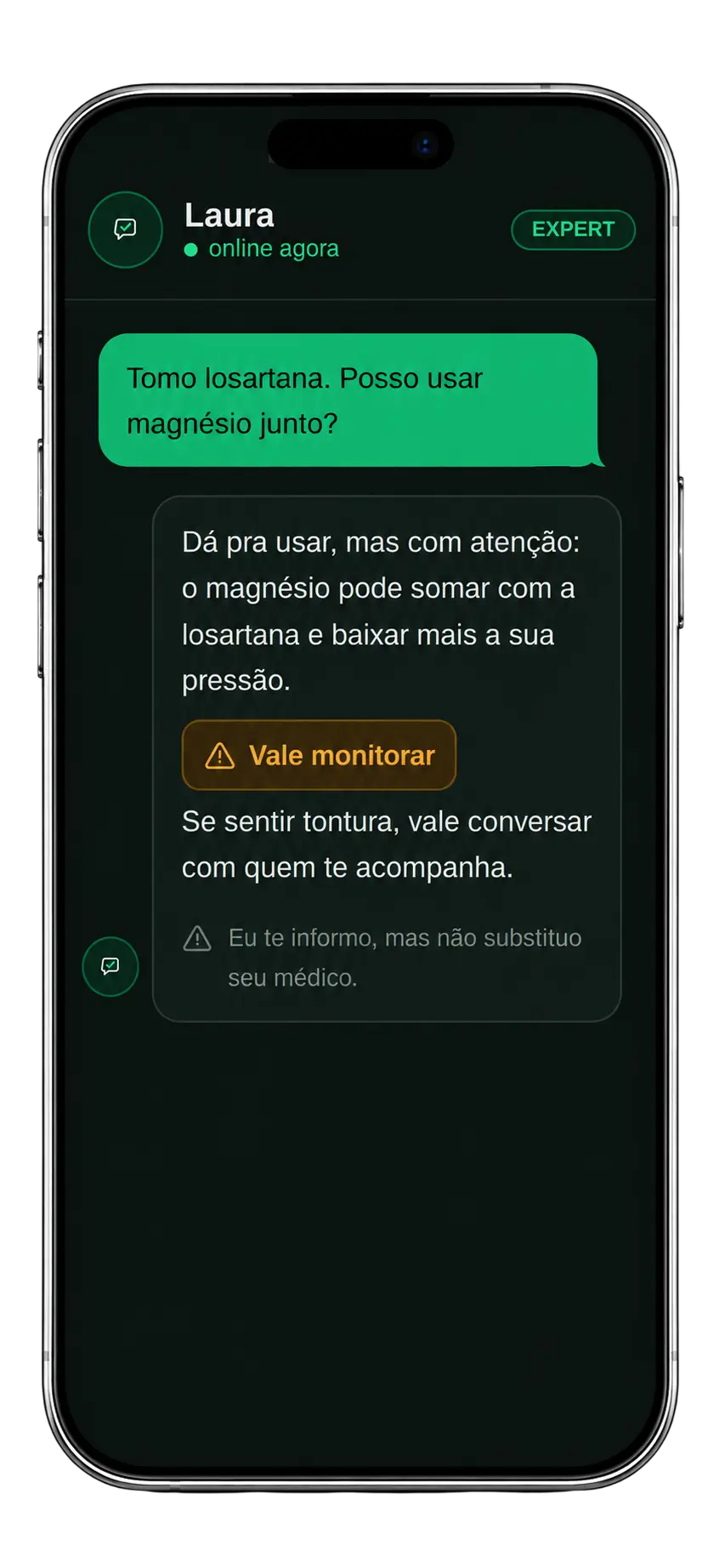 A Laura verificando interações entre suplementos e medicamentos