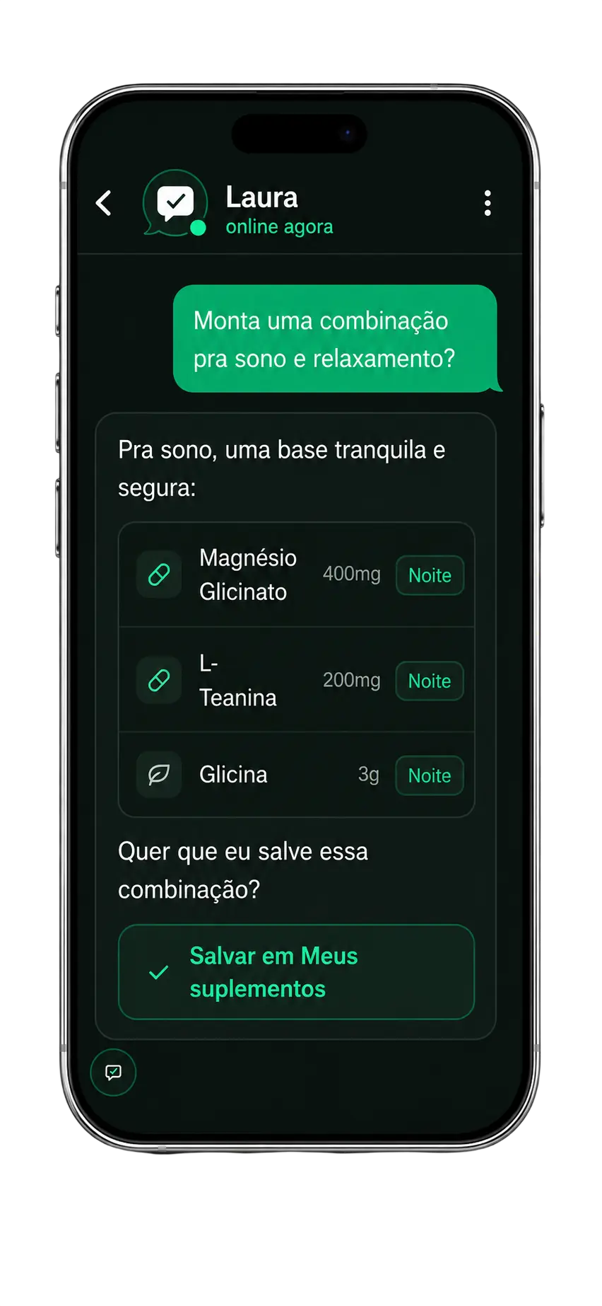 Sugestões de combinações por objetivo no app ClickSupp