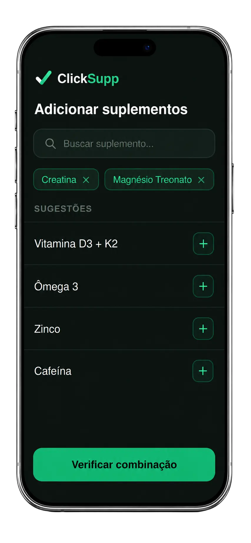 Tela de adicionar suplementos no app ClickSupp