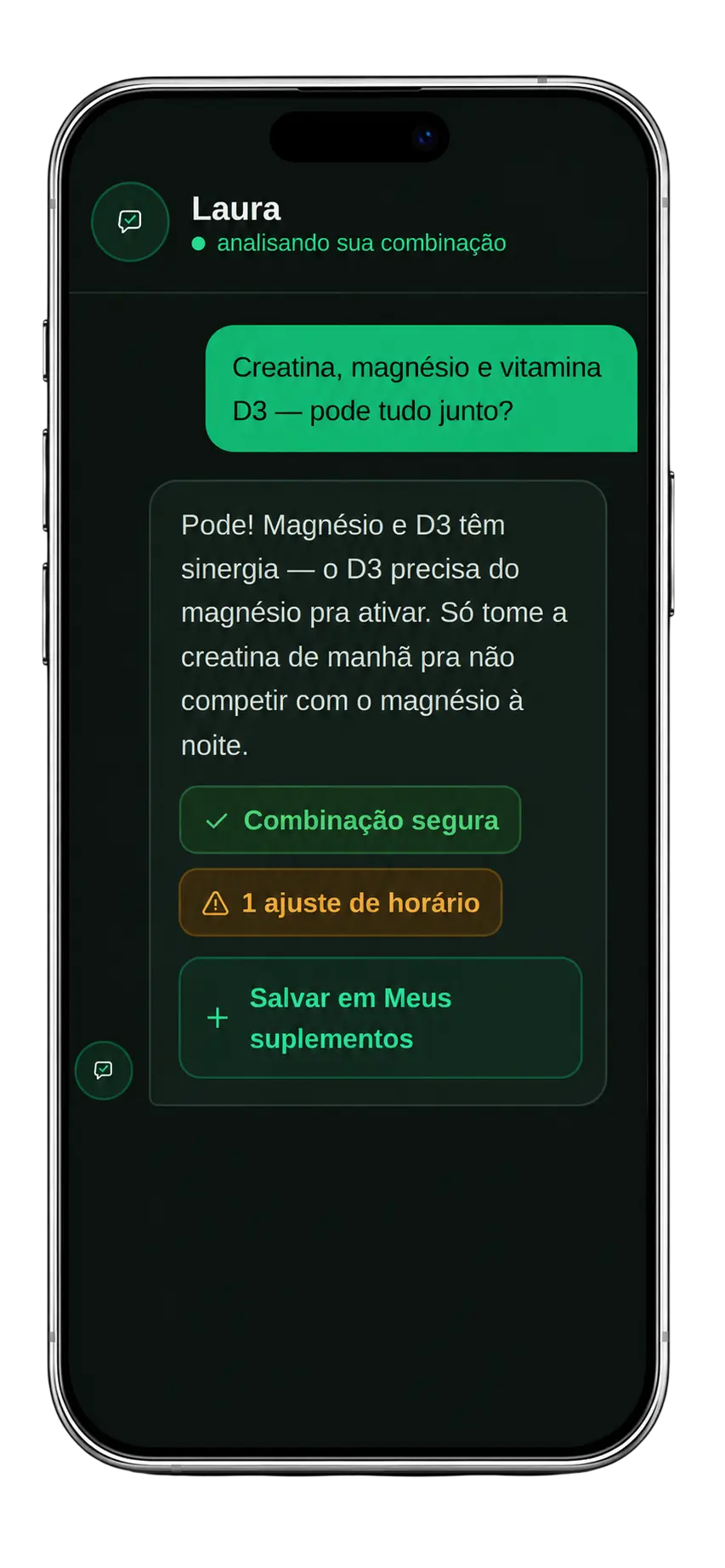 Tela da Laura analisando combinações no app ClickSupp