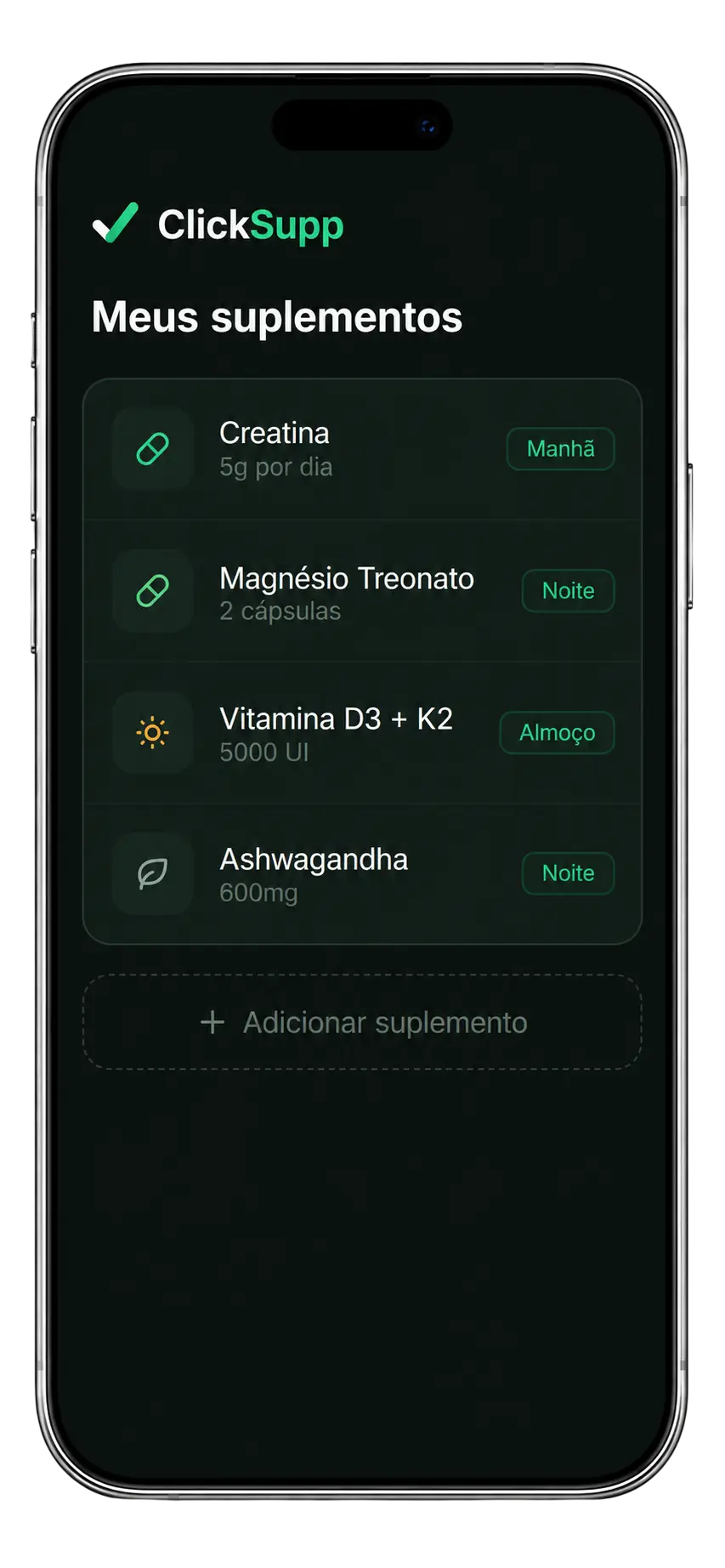 Tela de organização dos suplementos no app ClickSupp